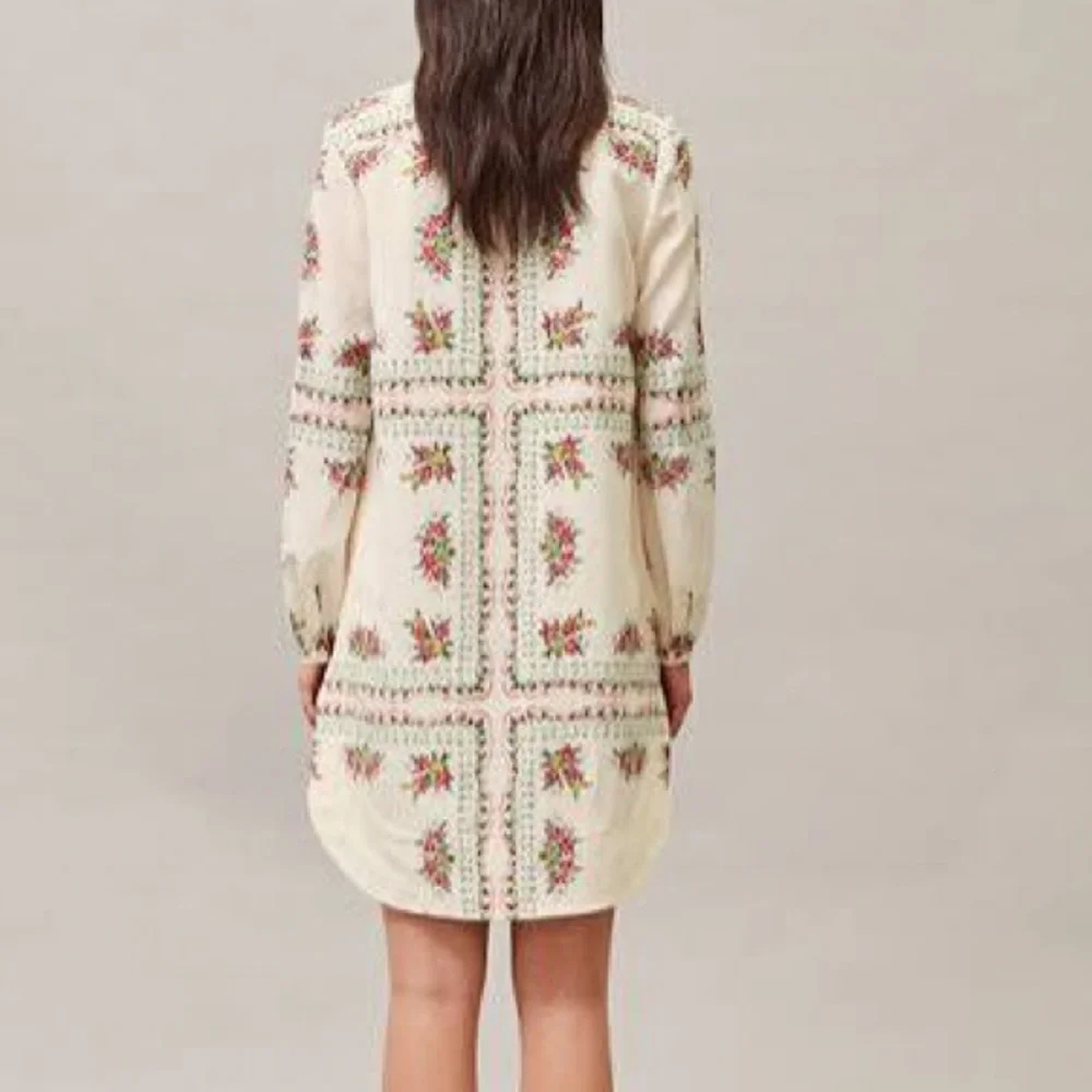 Tory Burch long sleeve‎ pleated garden veil floral silk shirt dress in cream